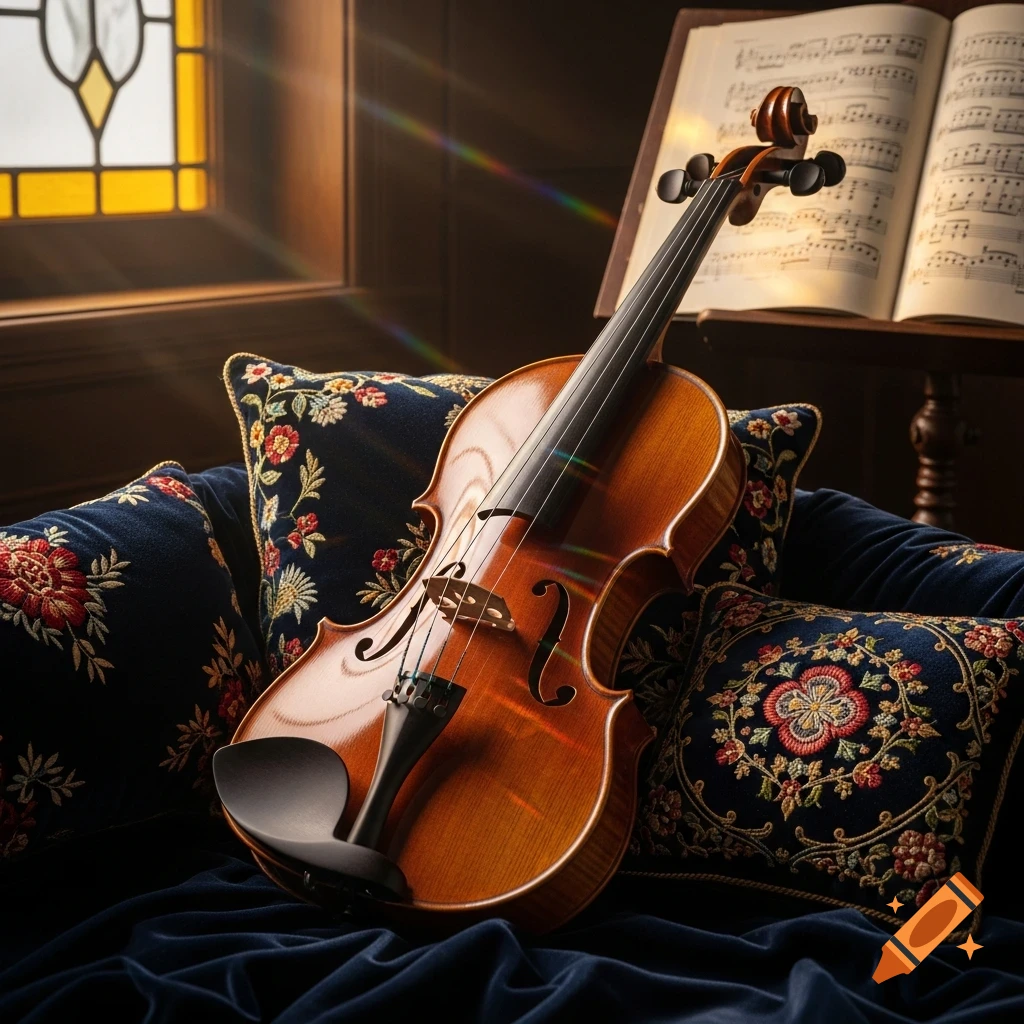 A photorealistic violin rests on a blue velvet couch with embroidered pillows, sunlight streams from a stained glass window onto sheet music.