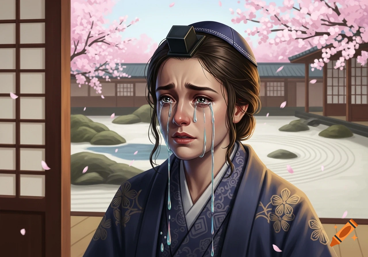 An illustrated portrait of a person wearing a kippah and a kimono, crying profusely in a Japanese zen garden with cherry blossoms.