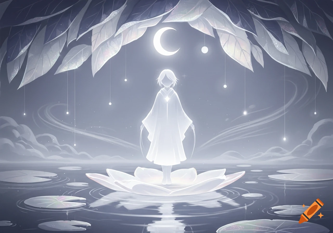 An ethereal, glowing figure stands on a lotus flower in calm water under a crescent moon, surrounded by large leaves and glowing orbs.
