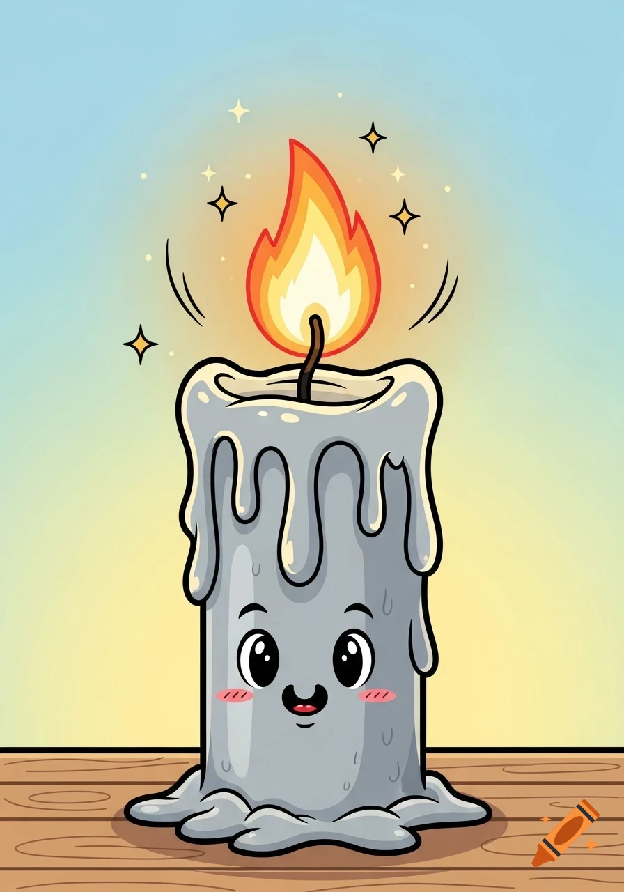A cute cartoon grey candle with a melting wax base, a lit flame, and a smiling face, sitting on a wooden surface.