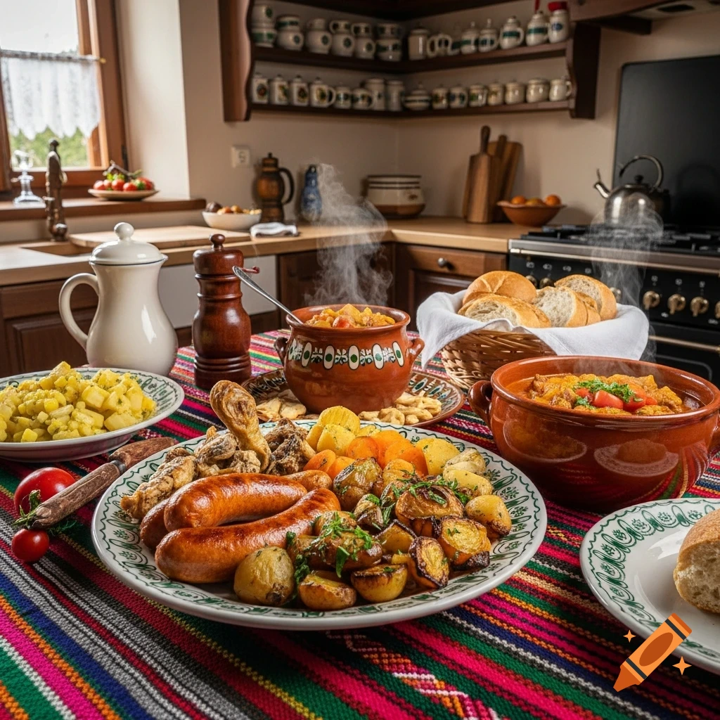 A rustic kitchen table filled with various photorealistic hot dishes, including sausages, roasted potatoes, and steaming stews.