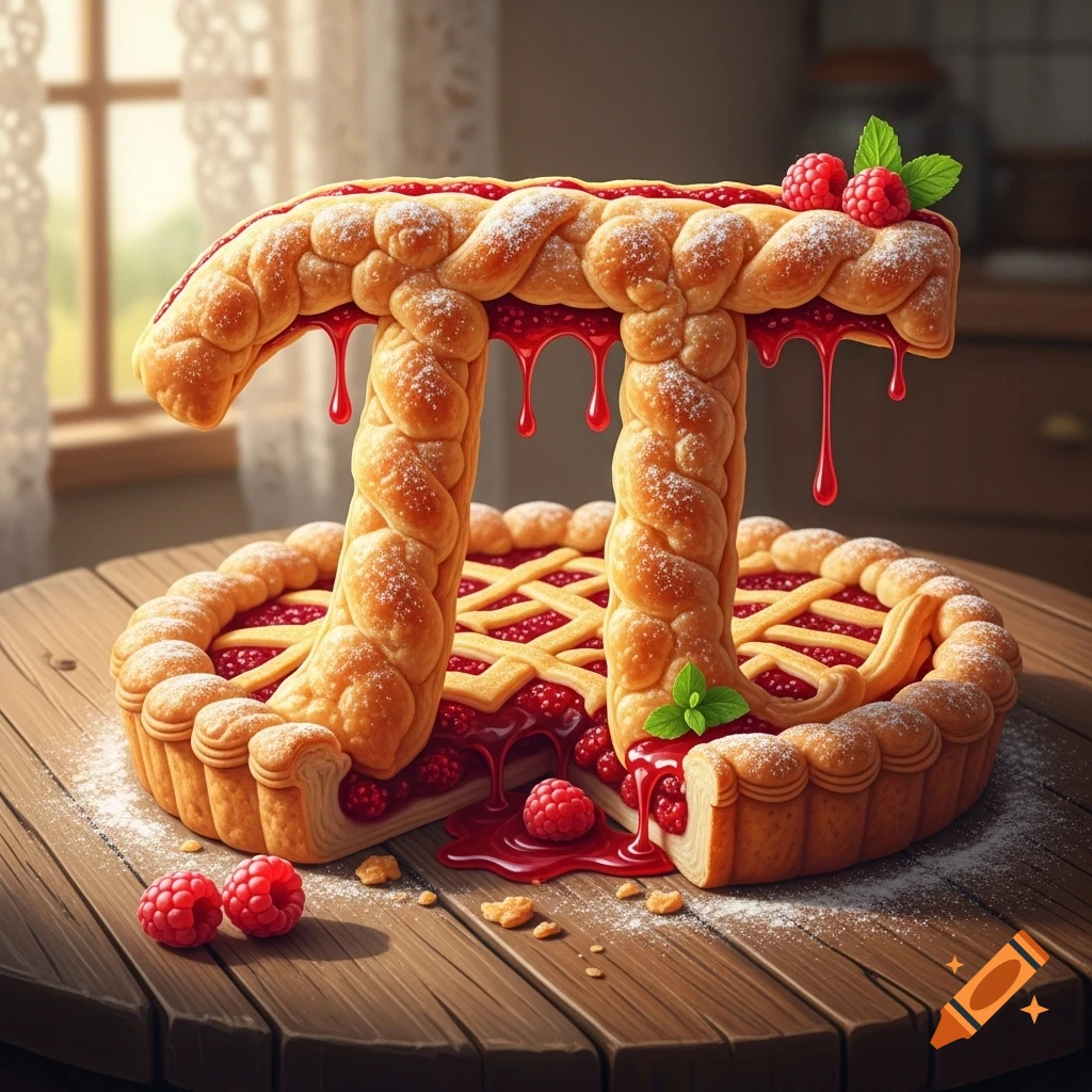A beautifully baked raspberry pie shaped like the Greek letter Pi, with flaky crust and oozing red filling on a wooden table.
