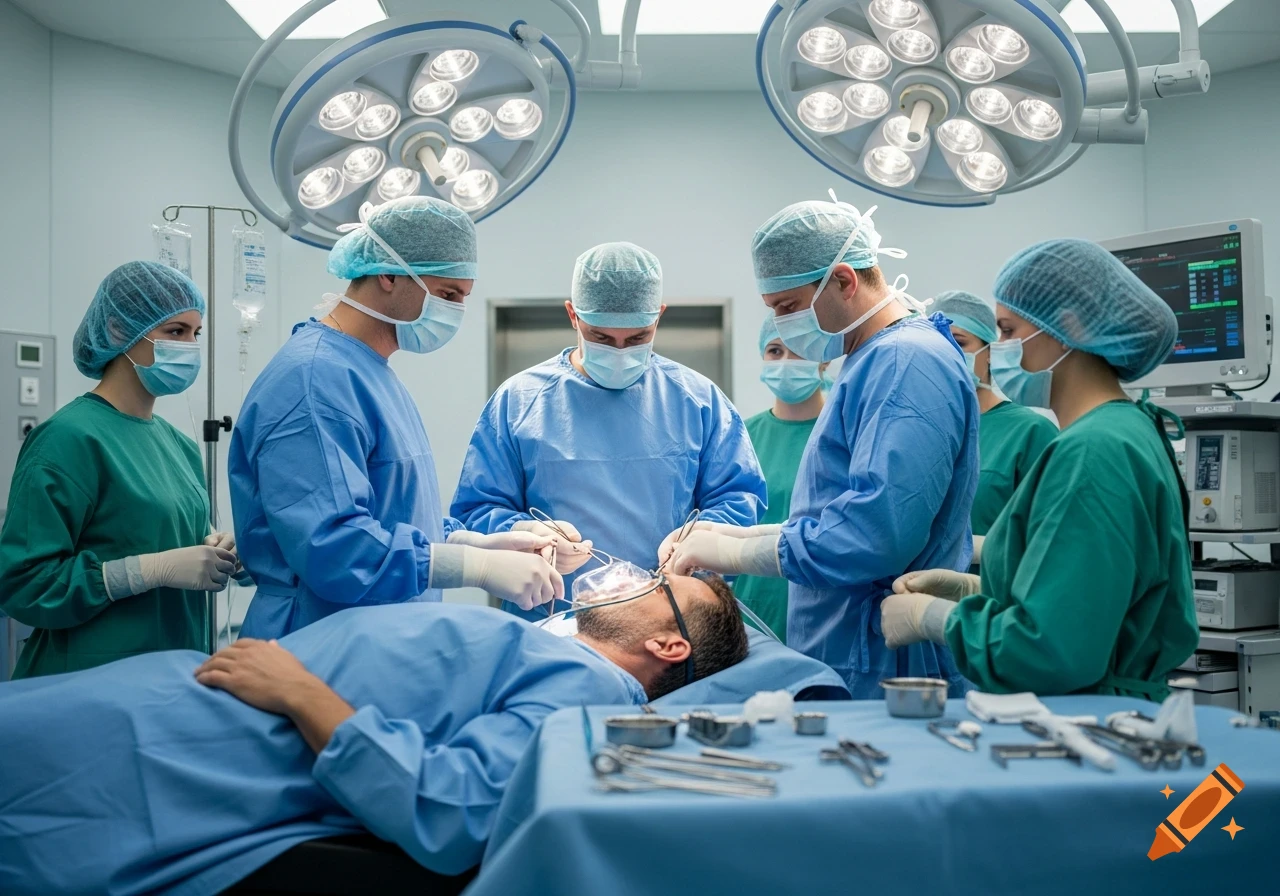 A patient with an anesthesia mask lies on an operating table, surrounded by surgeons and nurses in a brightly lit operating room.