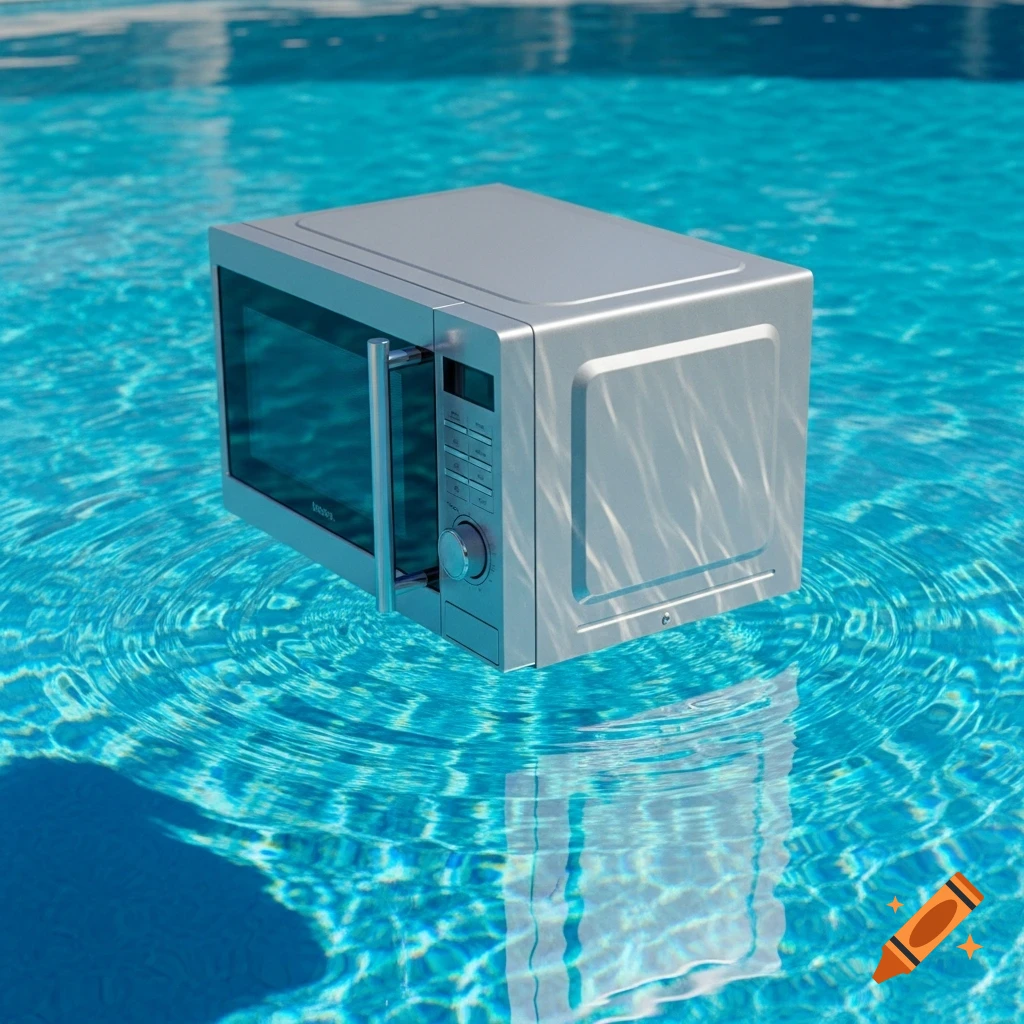 Photorealistic image of a silver microwave floating on the surface of a blue swimming pool with ripples.