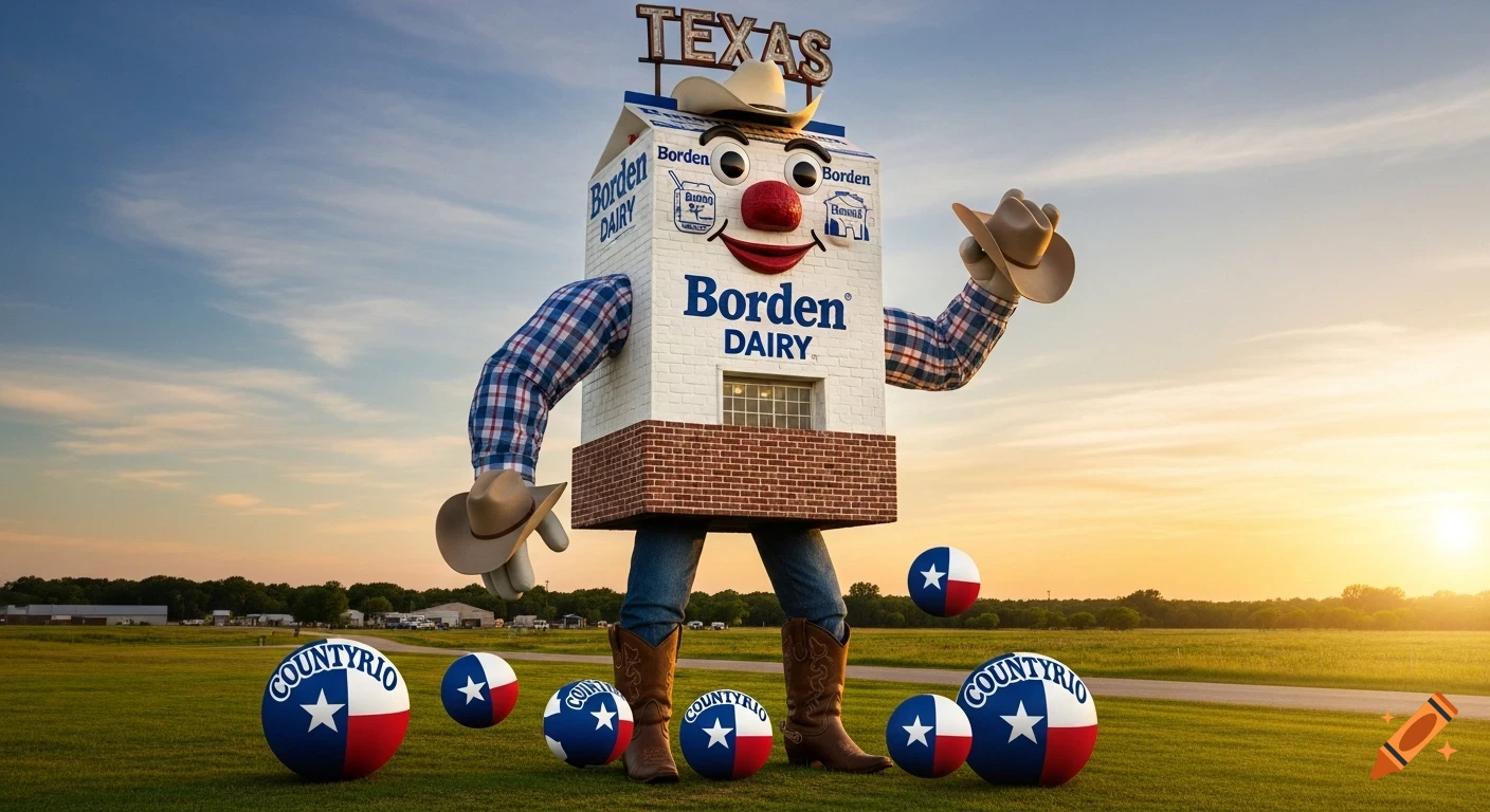 A large anthropomorphic Borden Dairy milk carton character wearing a cowboy hat, plaid shirt arms, and jeans with cowboy boots, stands in a grassy field with Texas flag patterned balls. The sun sets in the background.
