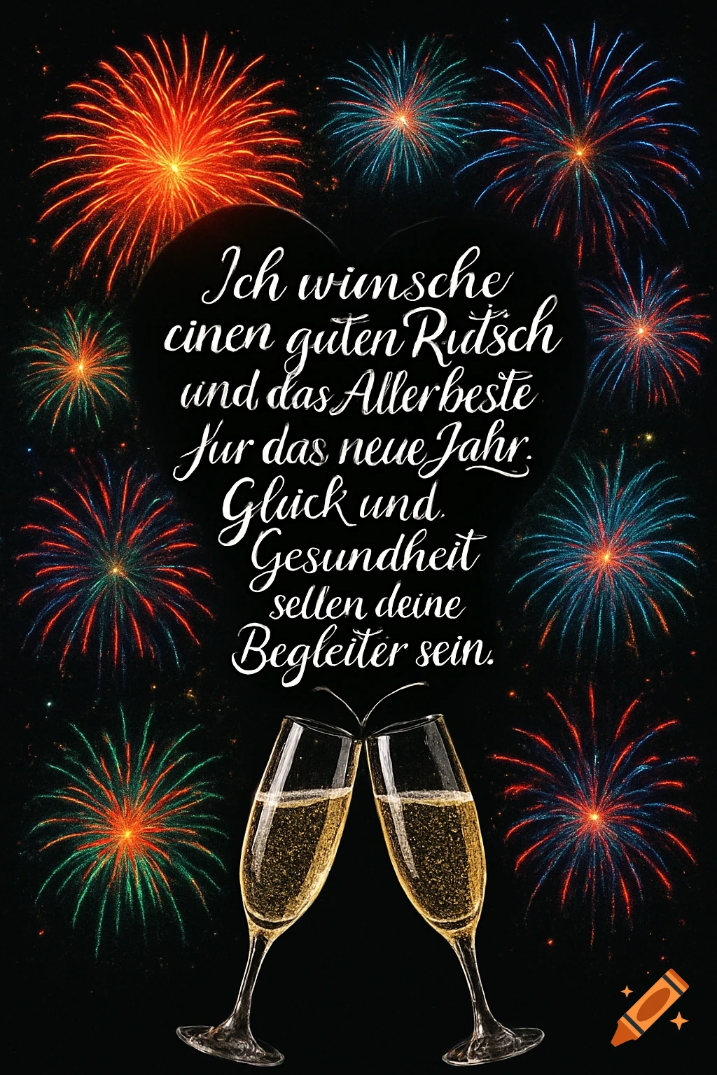 New Year's greeting card with colorful fireworks, champagne glasses clinking, and German text.