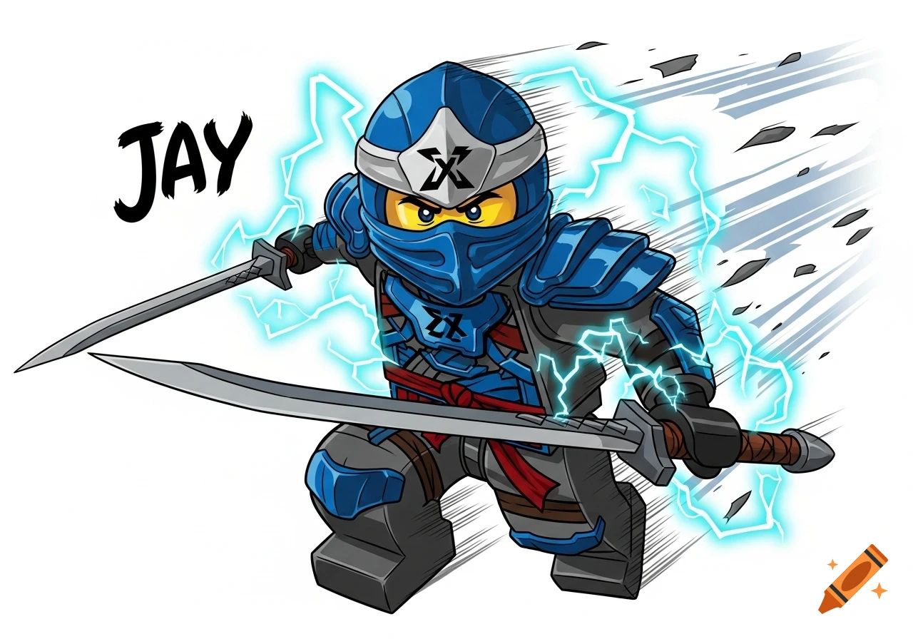 Lego Ninjago character Jay in blue and gray ZX armor, holding two katanas, surrounded by blue lightning and motion lines, in a cartoon style illustration.