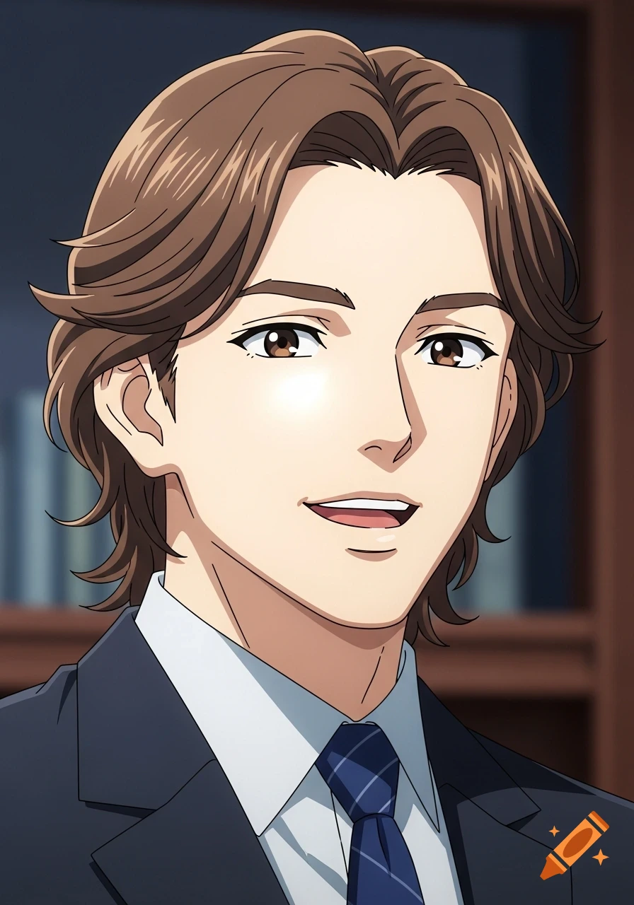 Anime man with brown hair and eyes, smiling in a suit and blue tie.