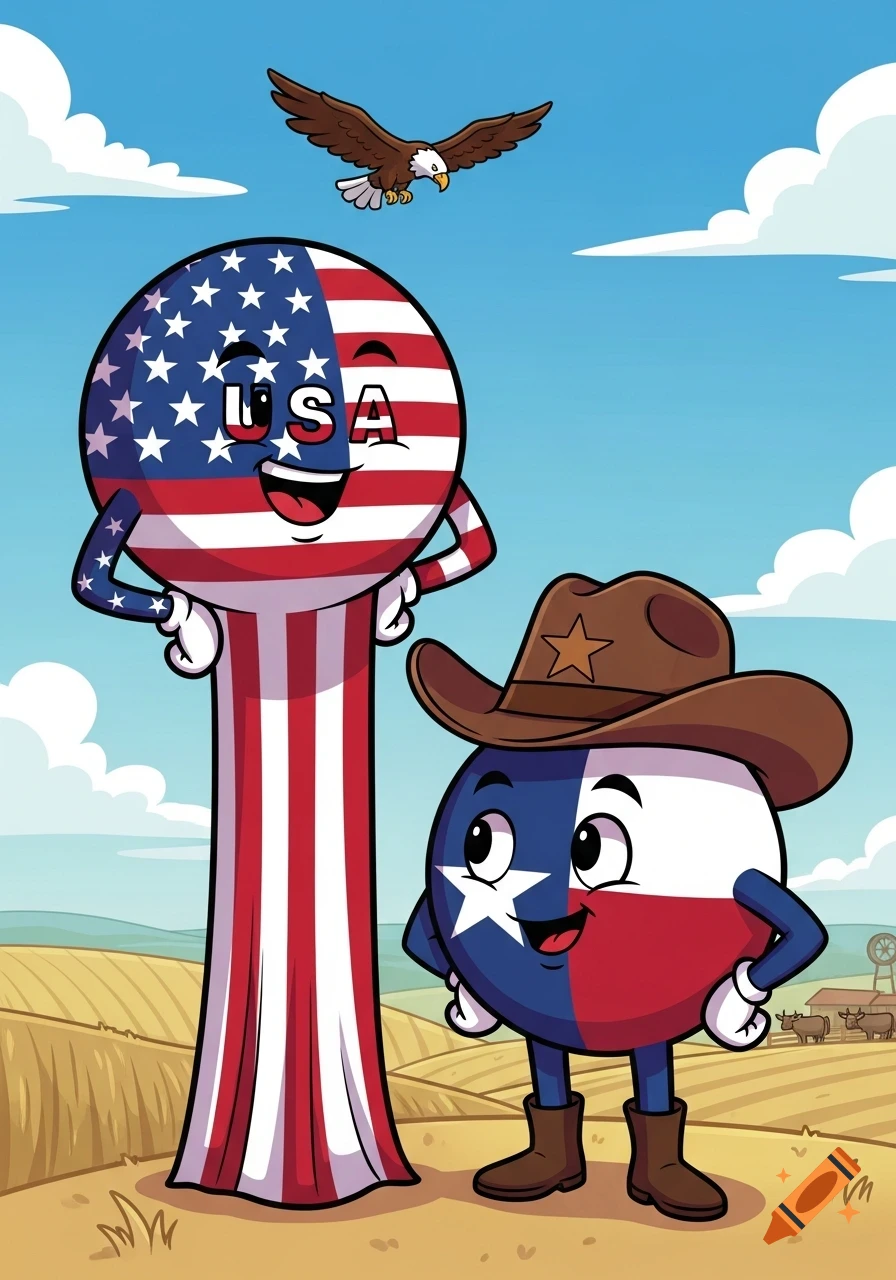Cartoon of an anthropomorphic USA flag character with "USA" on its head and a Texas flag character wearing a cowboy hat, standing in a field with a bald eagle flying above.