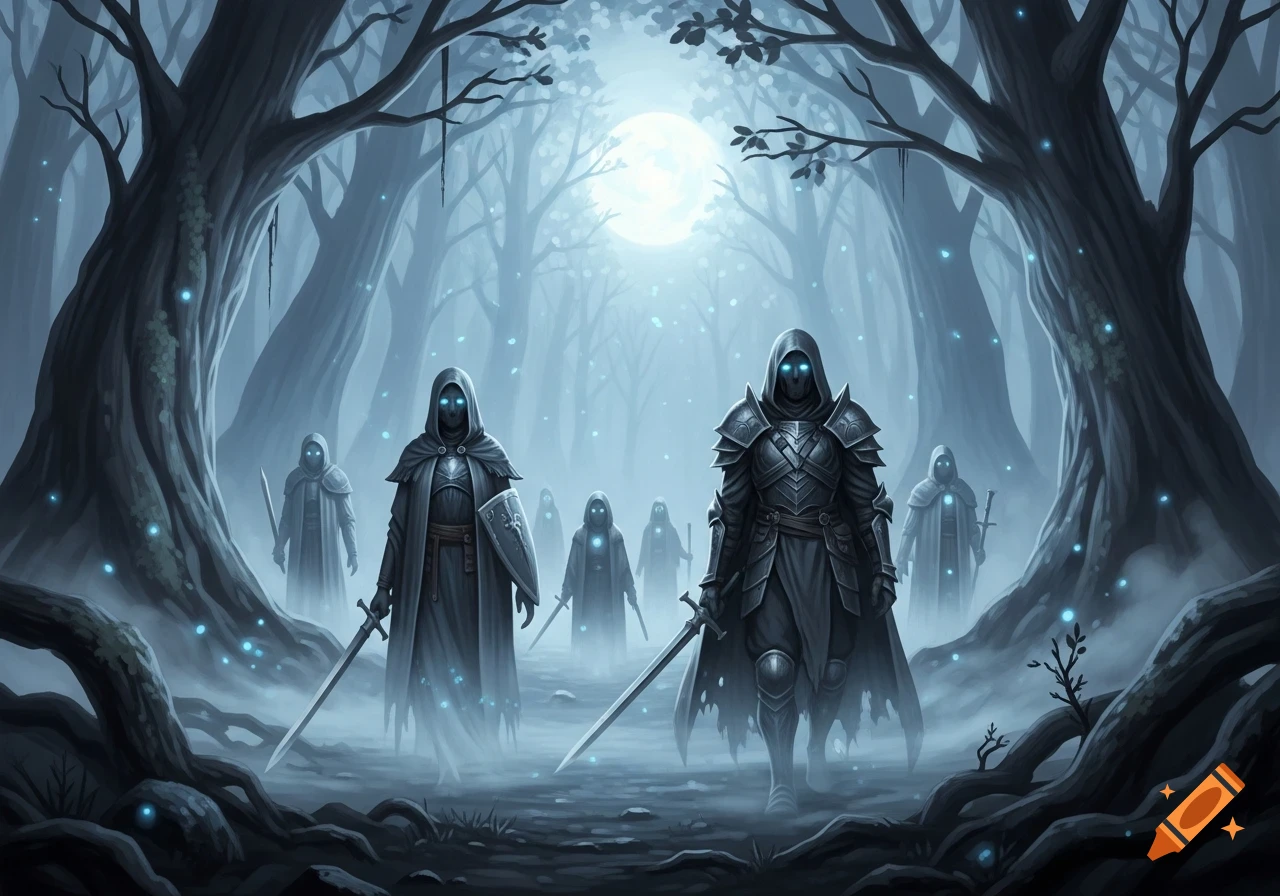 Hooded figures with glowing blue eyes and swords in a dark, misty forest under a full moon, dark fantasy style.