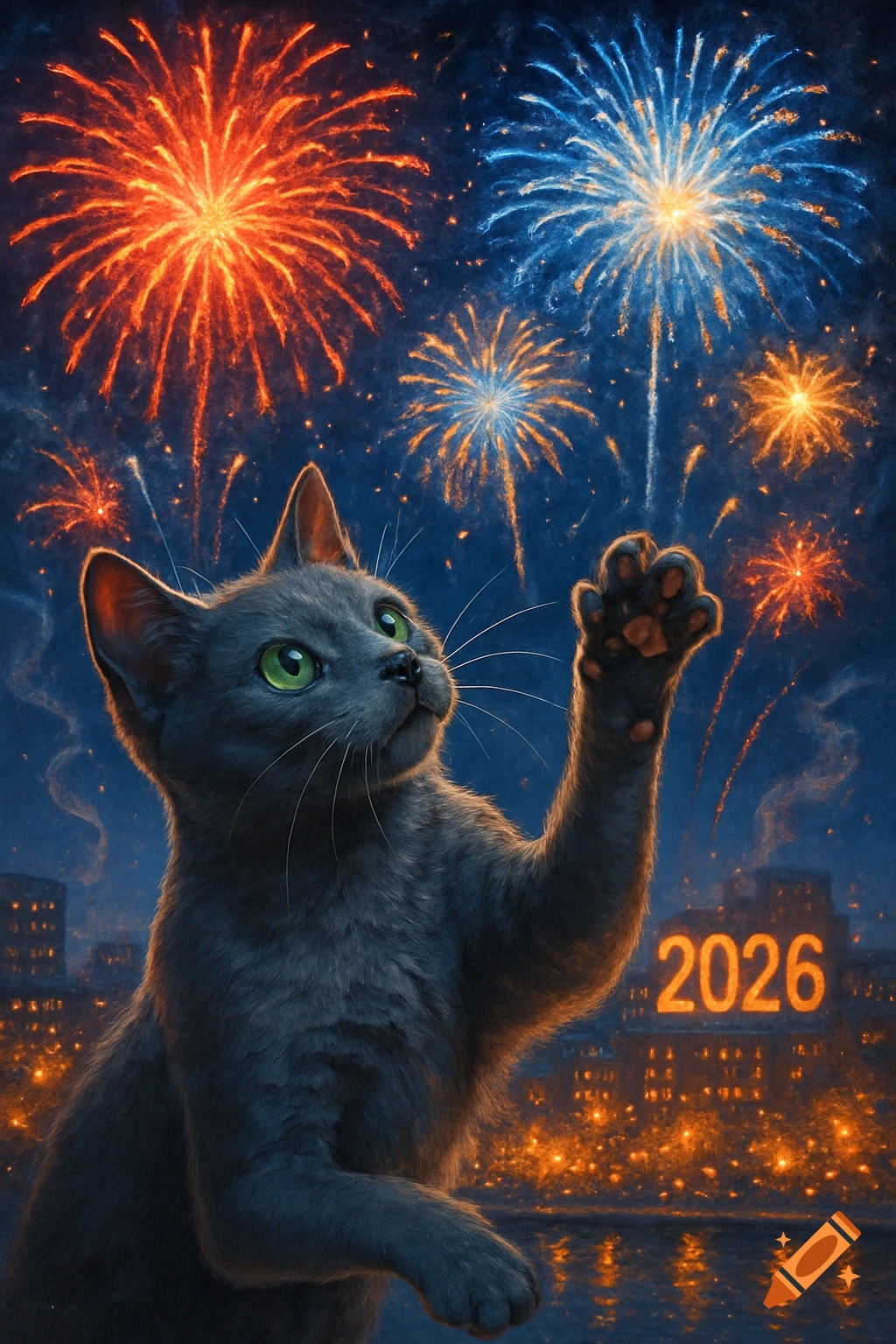 A gray cat with green eyes looks up at orange and blue fireworks over a city skyline at night, with the year 2026 visible.