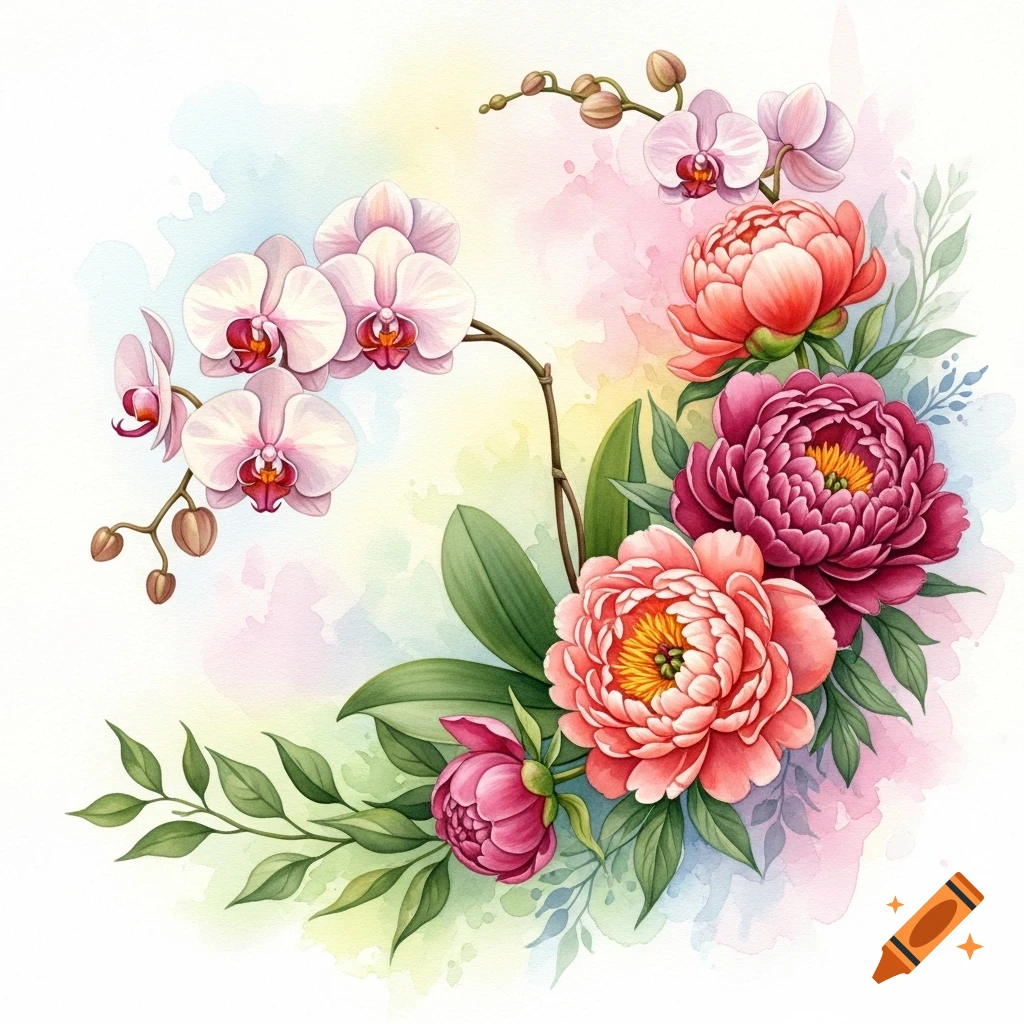 Watercolor illustration of a flower arrangement with pink orchids and pink and coral peonies on a soft pastel background.