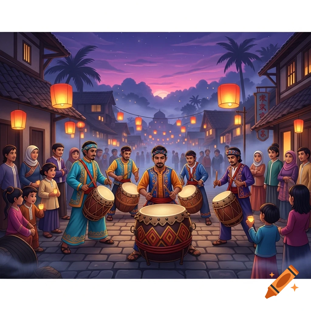 People in traditional clothing play drums and hold lanterns in a festive street at dusk, with buildings and a mosque silhouette under a vibrant sky.