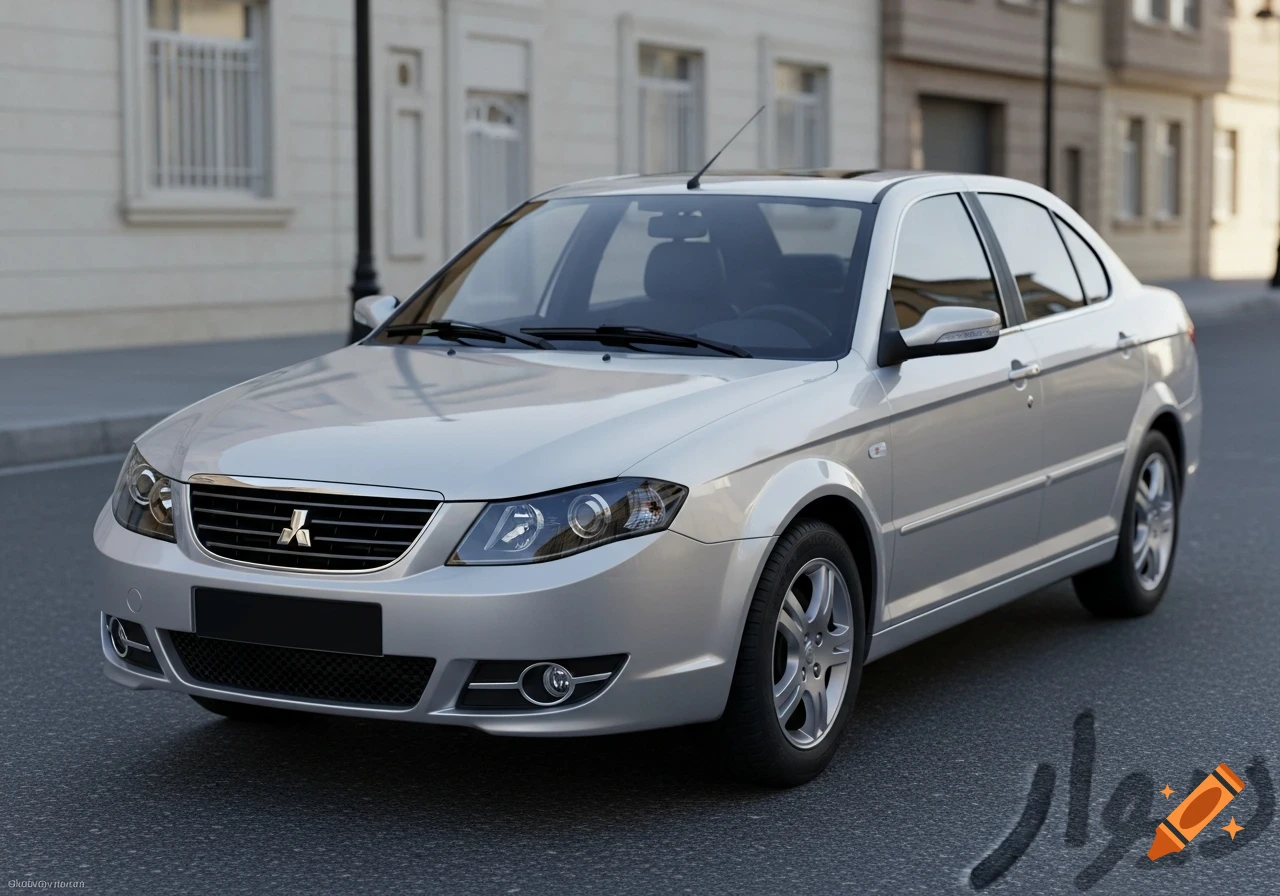 A silver sedan, possibly a Mitsubishi Lancer, parked on a city street in front of a building with visible windows. The car is well-lit, showing reflections.