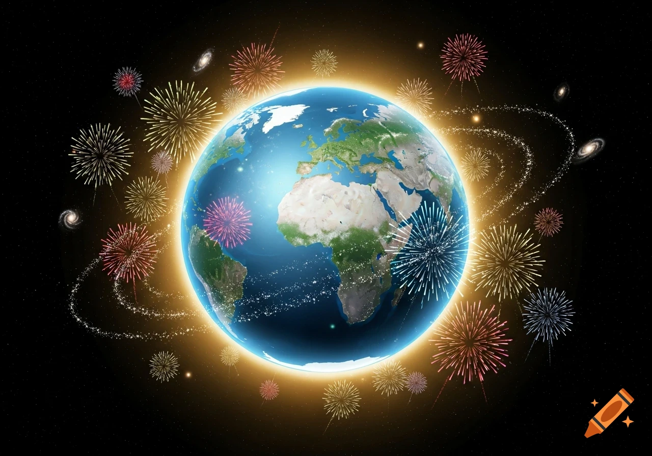 The Earth glowing brightly in space, surrounded by colorful fireworks and distant galaxies.