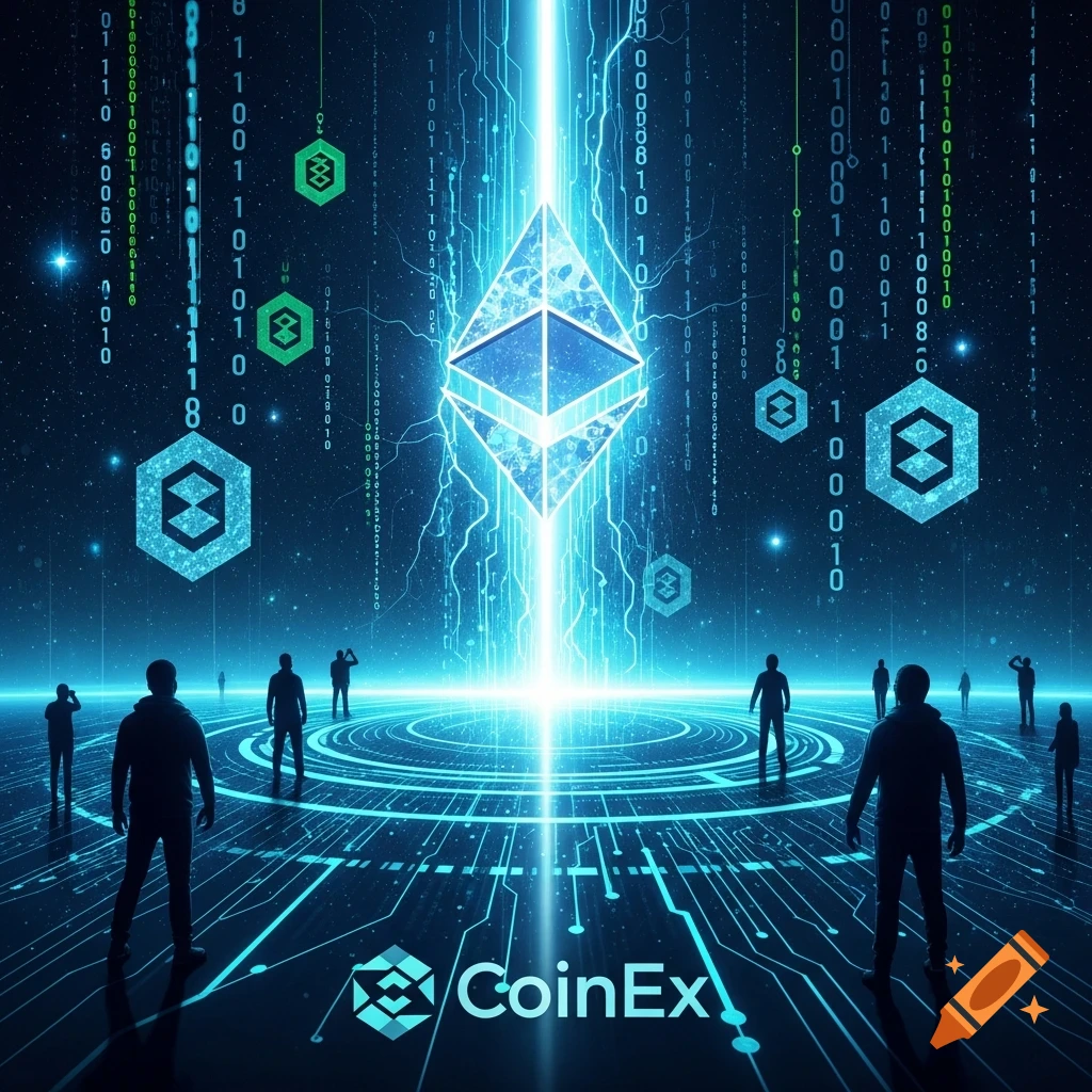A futuristic digital scene with silhouettes of people looking up at a glowing Ethereum symbol and binary code, with a CoinEx logo at the bottom.