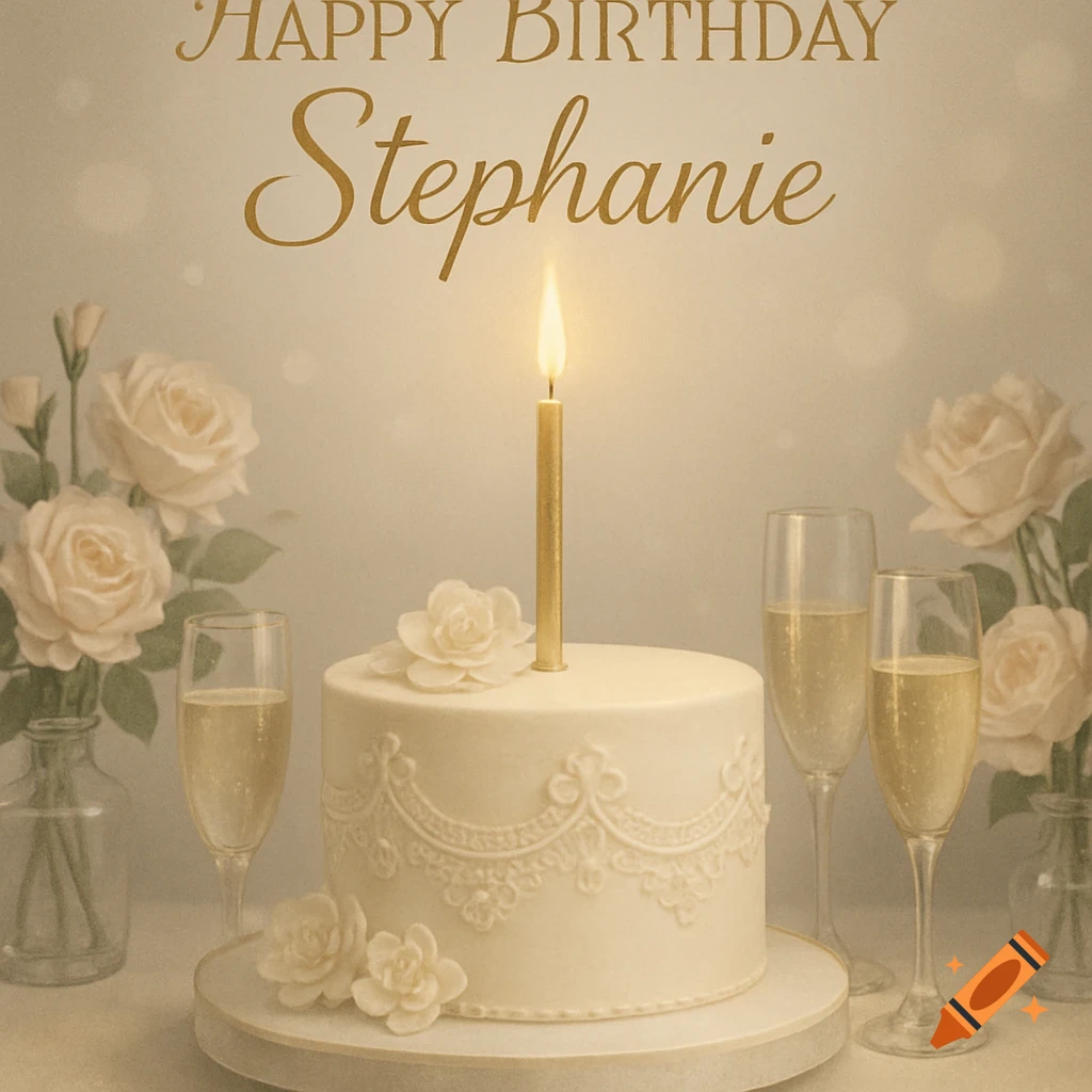 A classy birthday image with a white cake, a golden candle, champagne glasses, and roses. Text says 'Happy Birthday Stephanie'.