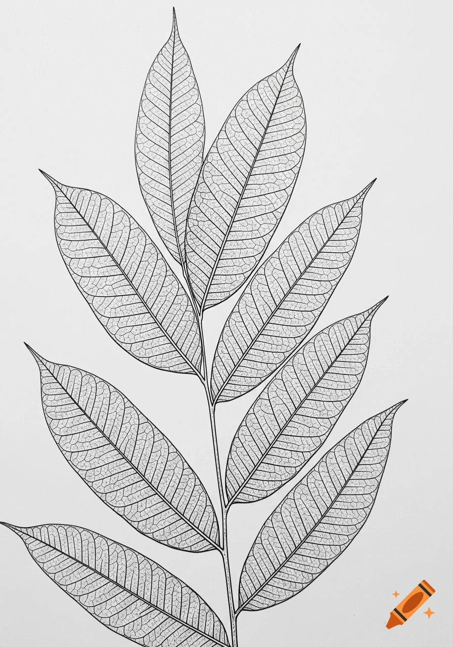 A detailed, symmetrical line art illustration of a branch with elongated leaves and intricate vein patterns against a white background.