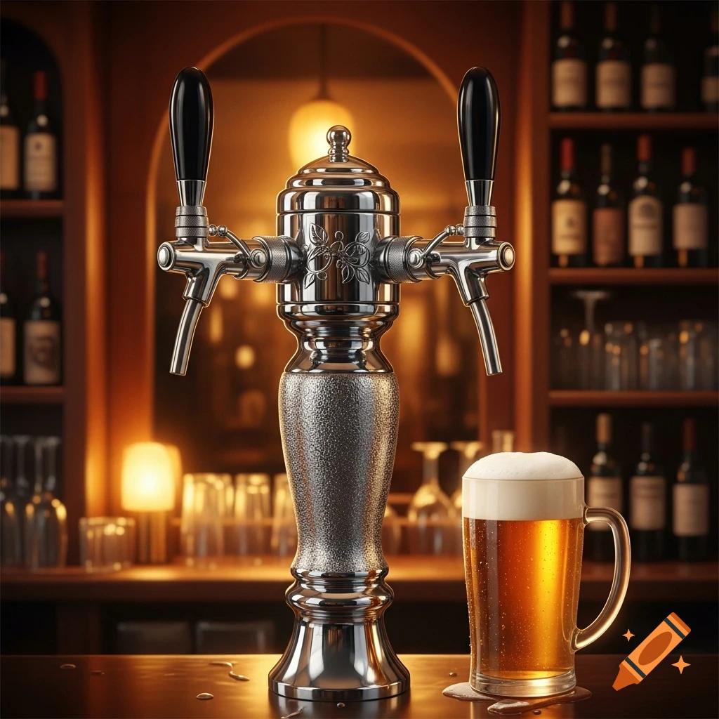 A detailed, photorealistic image of a shiny metal beer tap with two handles and a full glass of foamy beer on a wooden bar counter. Bottles and glasses are blurred in the background.