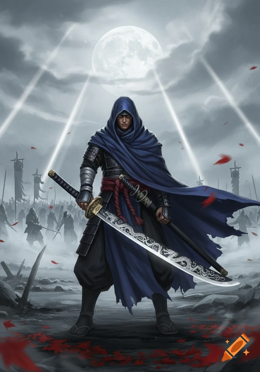 A hooded samurai warrior in a blue cloak and armor, wielding two ornate katanas, stands under a full moon with a shadowy army in the background. Fantasy art.