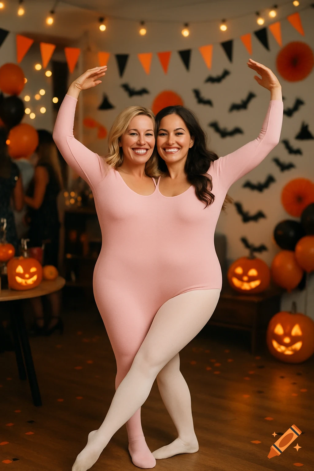 Two women, conjoined in a single pink leotard and white tights, strike a ballet pose at a Halloween party with jack-o'-lanterns.