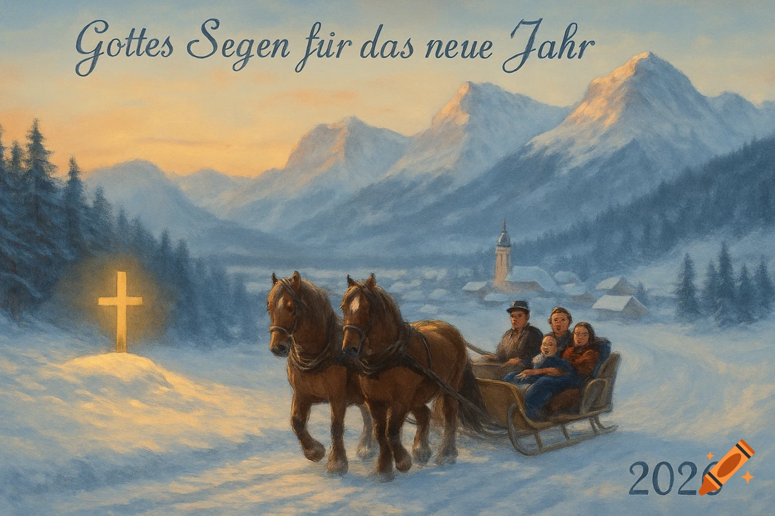 A painted winter landscape shows two horses pulling a family in a sleigh past a glowing cross, with a mountain village in the background and 'Gottes Segen f r das neue Jahr 2026' text.