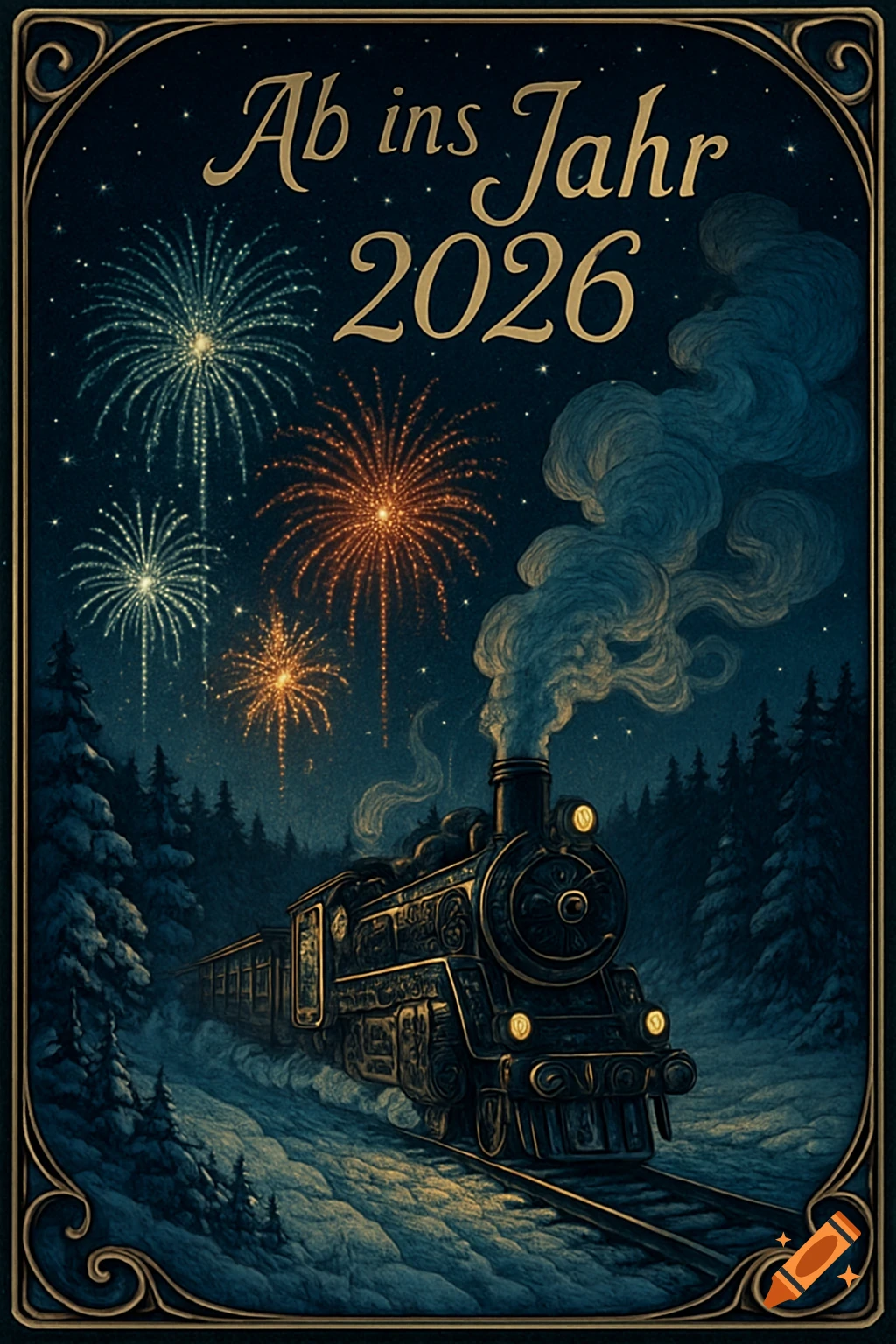 A vintage train travels through a snowy winter forest at night, illuminated by festive fireworks and text "Ab ins Jahr 2026".