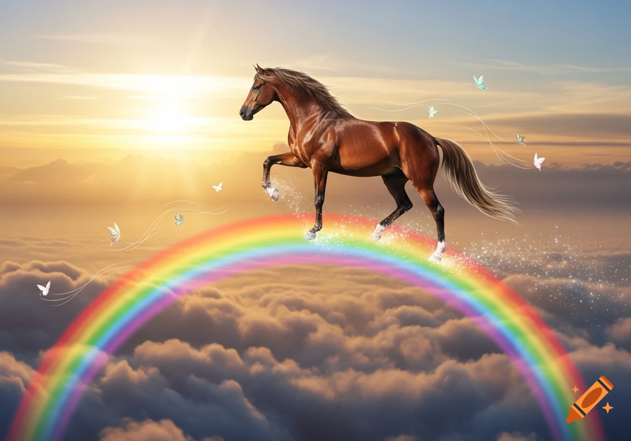 A majestic brown horse prances across a vibrant rainbow above a cloudy sky at sunset.