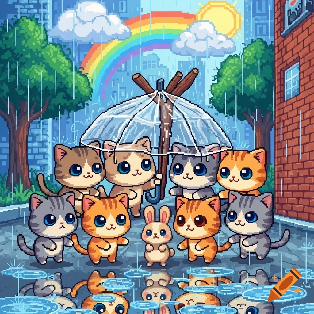 Pixel art of cute cats holding a makeshift umbrella over a small bunny in the rain, with a rainbow, sun, trees, and buildings.