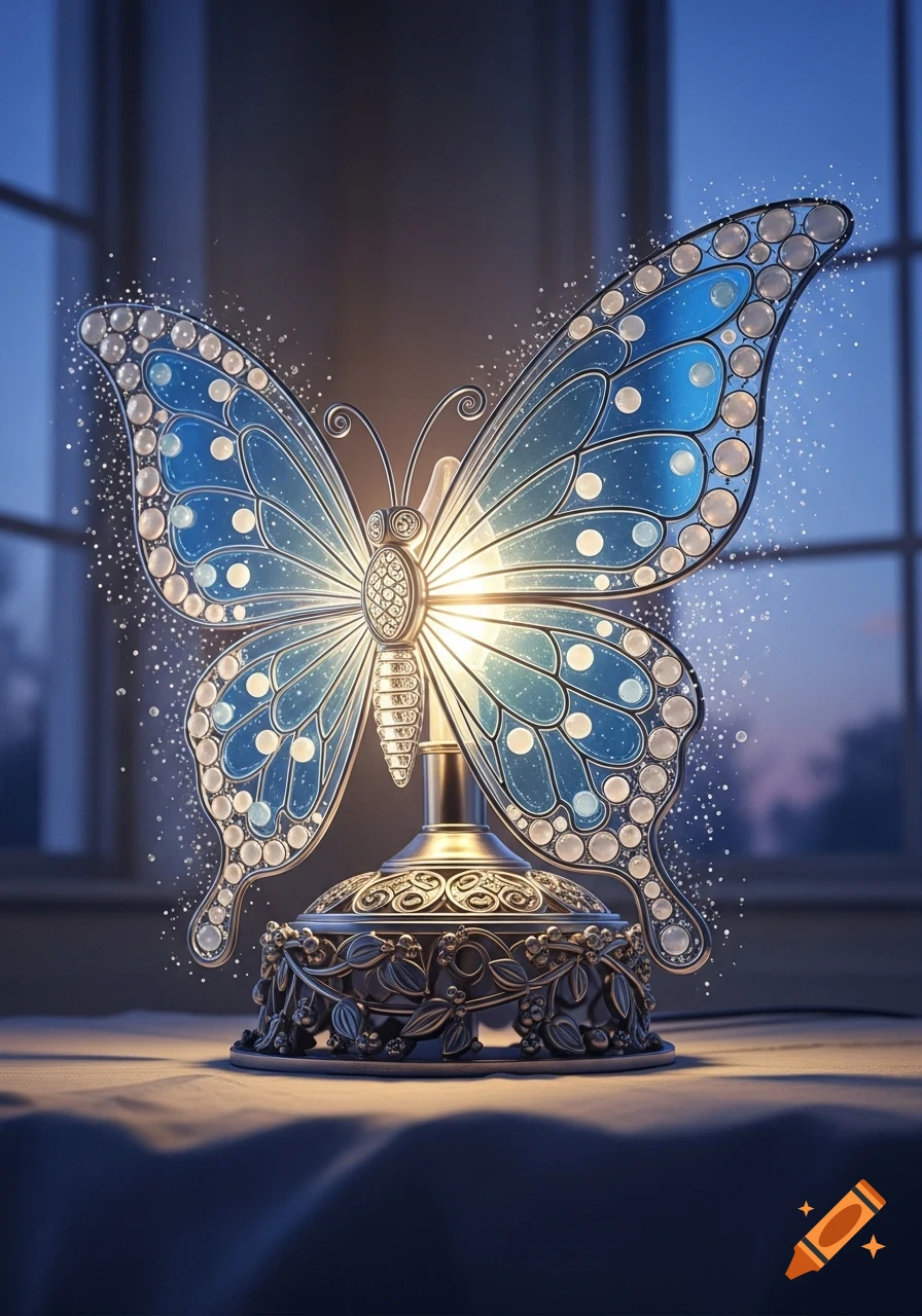 A glowing blue butterfly lamp with pearl details and sparkling sprinkles, on an ornate base, with a window in the background.