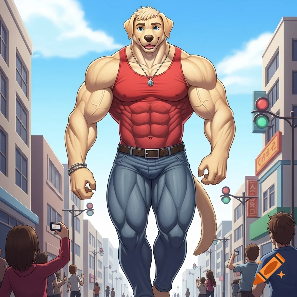 A giant muscular anthropomorphic golden labrador in a red tank top and blue jeans walks confidently down a city street as tiny people watch. Anime style.