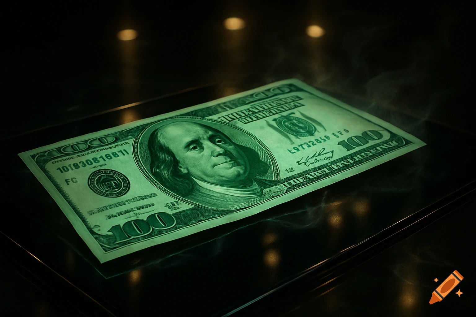 A glowing green one-hundred dollar bill with Benjamin Franklin's portrait lies on a dark, reflective surface with smoke and bokeh lights.