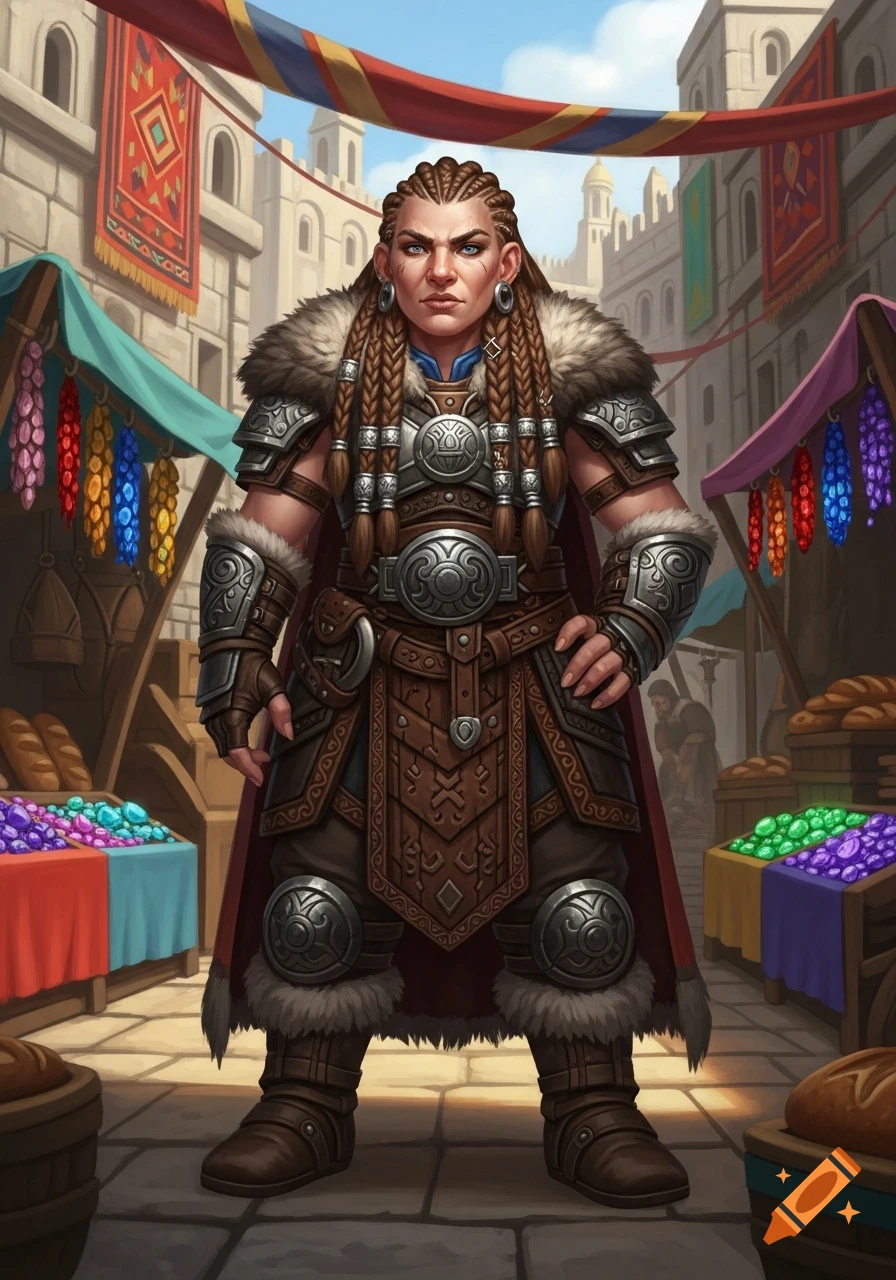 A formidable female dwarf warrior with braided hair and intricate armor stands in a bustling fantasy market full of colorful goods.