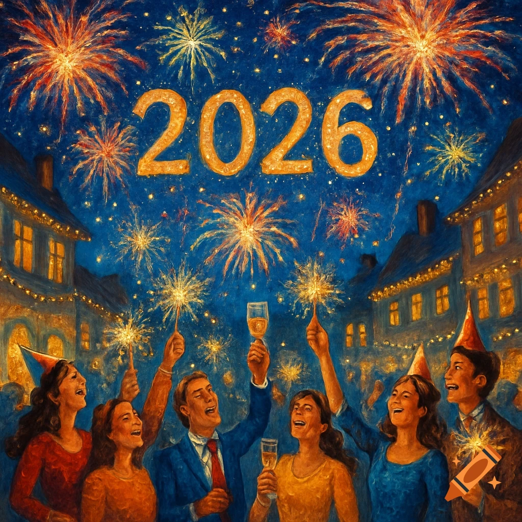 A celebratory crowd cheers under fireworks and the illuminated year 2026 in a vibrant, painterly New Year's scene.