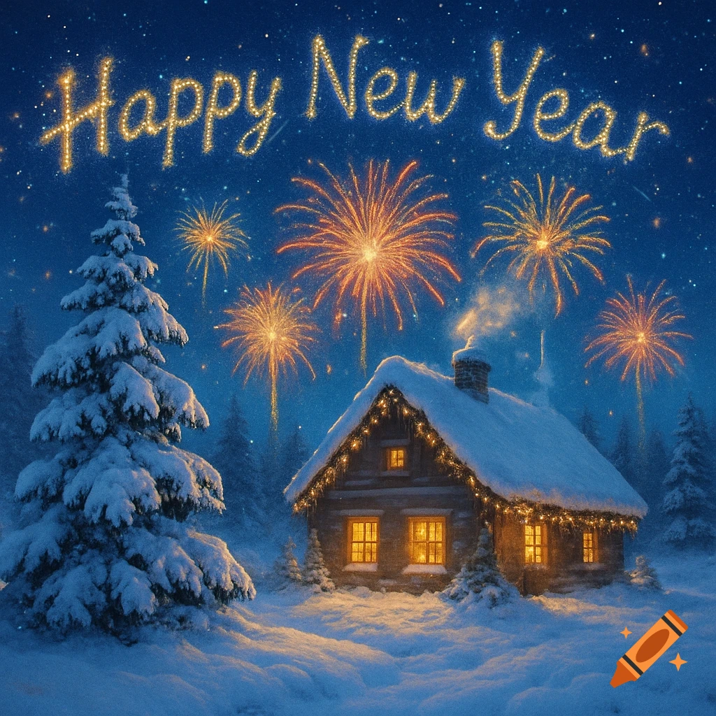 A snowy cabin with warm lights under a starry night sky, with 'Happy New Year' in sparkling lights and vibrant fireworks.