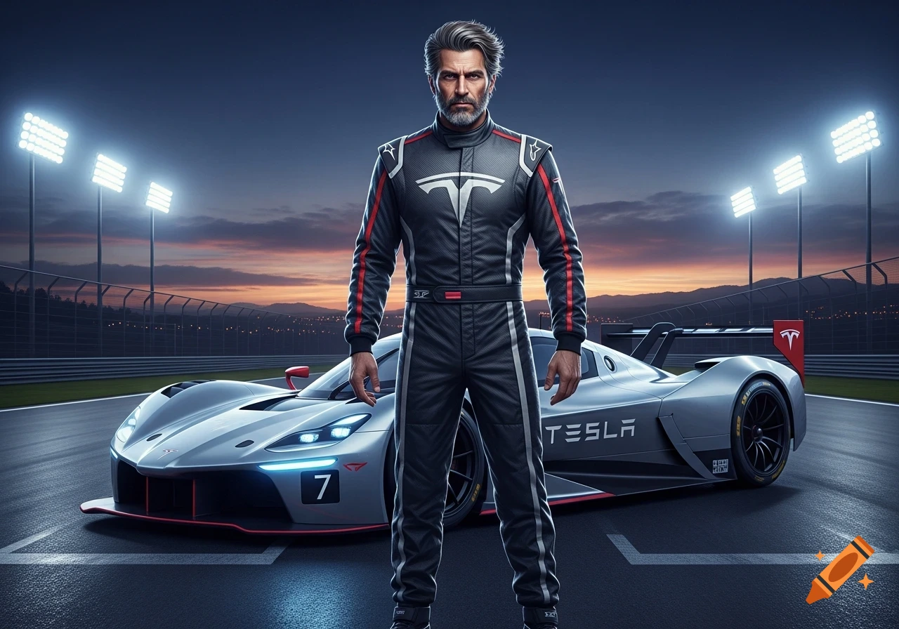 A man in a black Tesla racing suit stands before a silver Tesla race car on a track at sunset, photorealistic style.