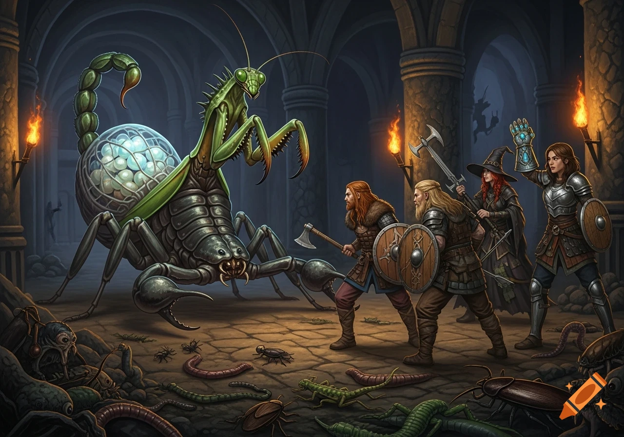 A group of four adventurers battle a giant mantis-scorpion creature with an egg sac in a dark dungeon, surrounded by insects.