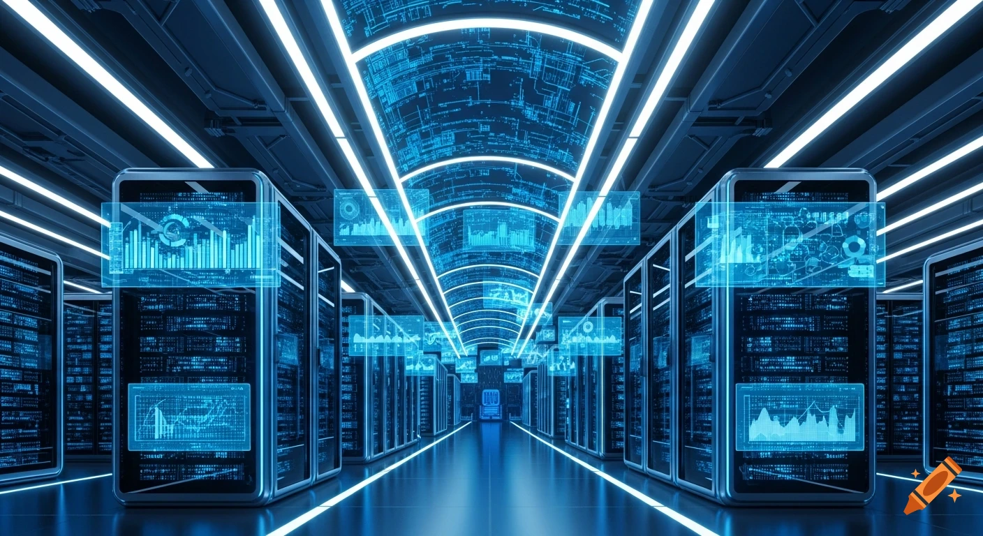 Futuristic data center with rows of glowing blue server racks and digital interfaces along a long corridor.