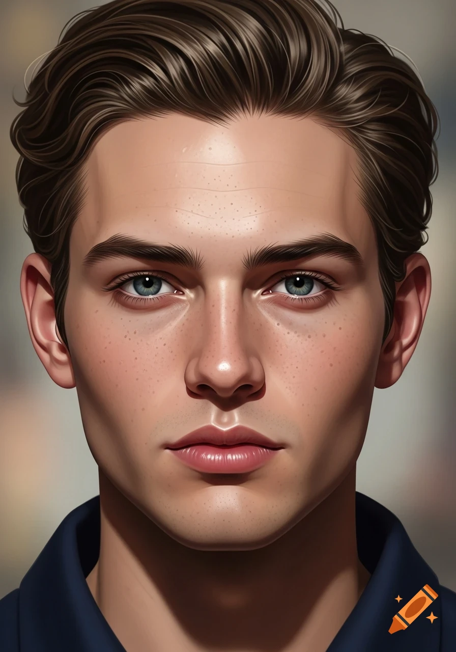 Hyperrealistic digital art portrait of a young man with brown wavy hair, blue eyes, and freckles.