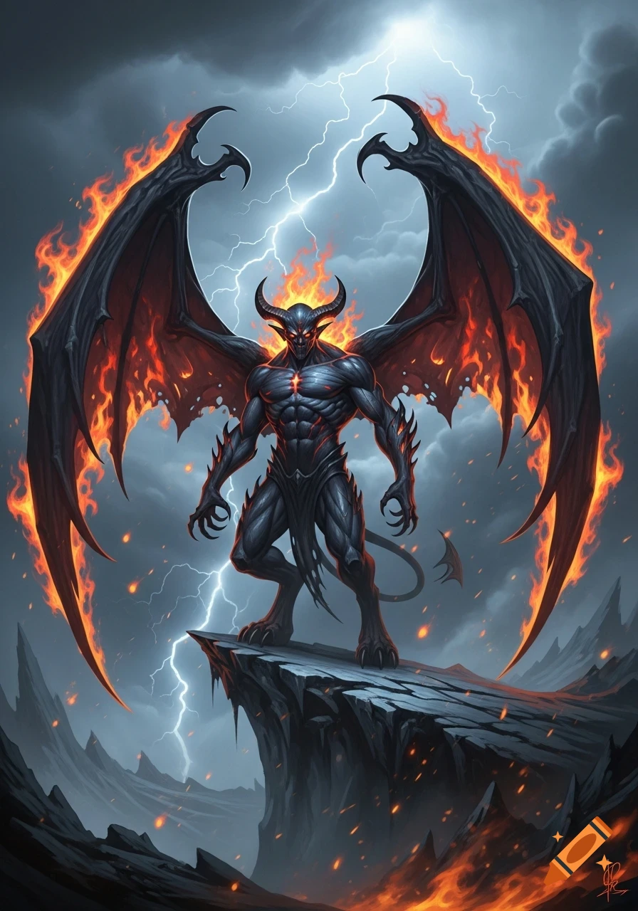 A muscular demon with fiery bat wings and horns stands dramatically on a cliff under a lightning storm, overlooking a burning land.