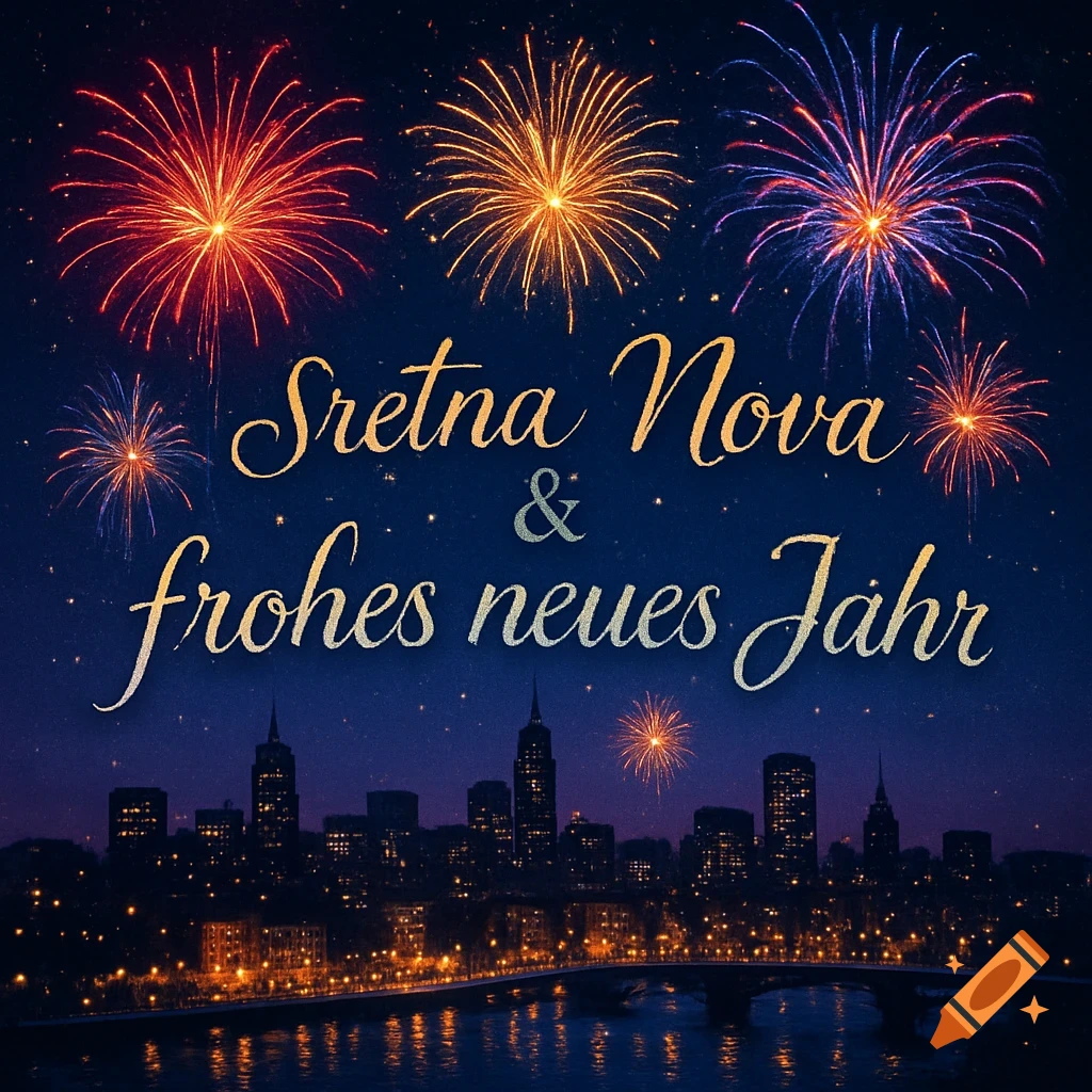 Colorful fireworks illuminate a night city skyline with a bridge, featuring 'Sretna Nova & frohes neues Jahr' text.