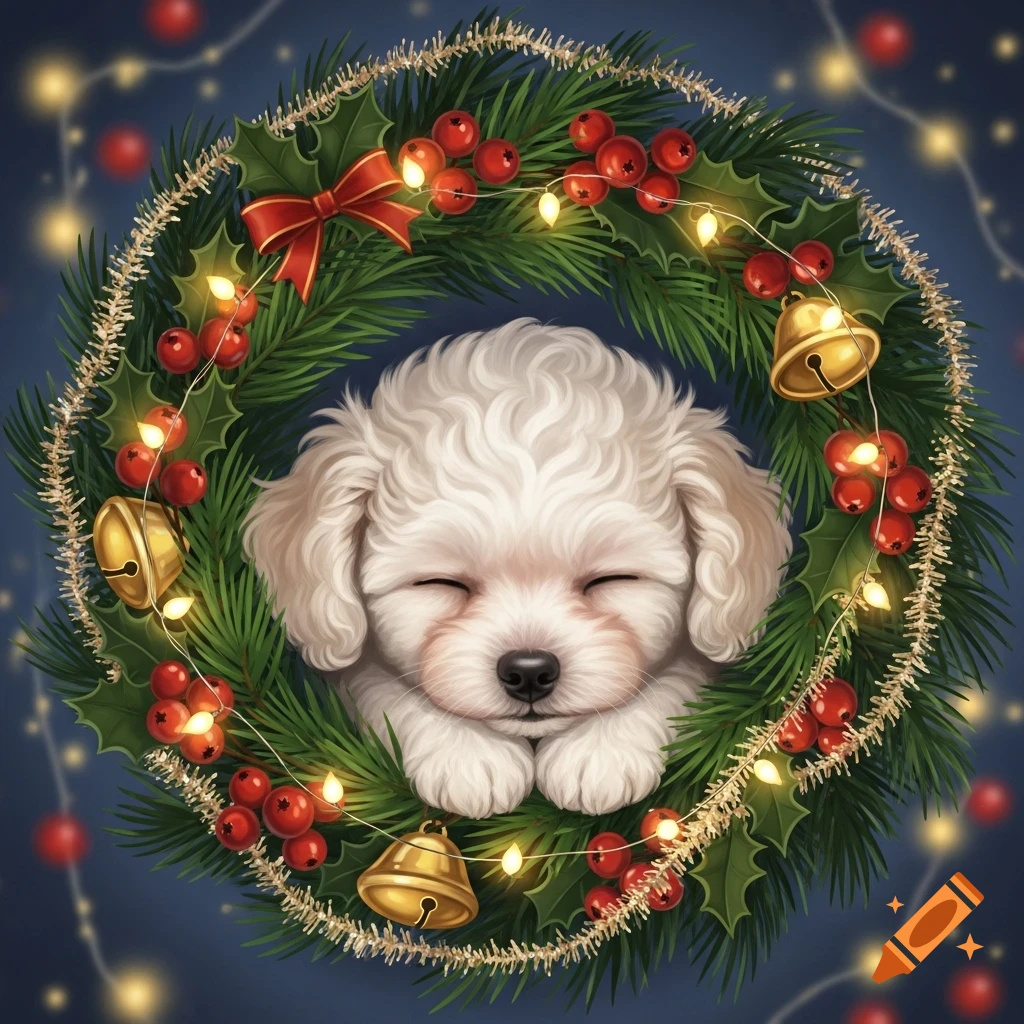 A cute white bichon poodle puppy sleeps soundly, curled up inside a festive Christmas wreath with holly, berries, bells, and lights.