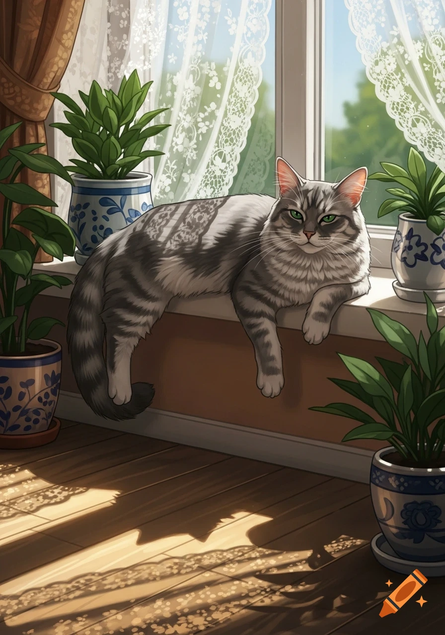 An illustrated gray tabby cat with green eyes lies on a sunny ...