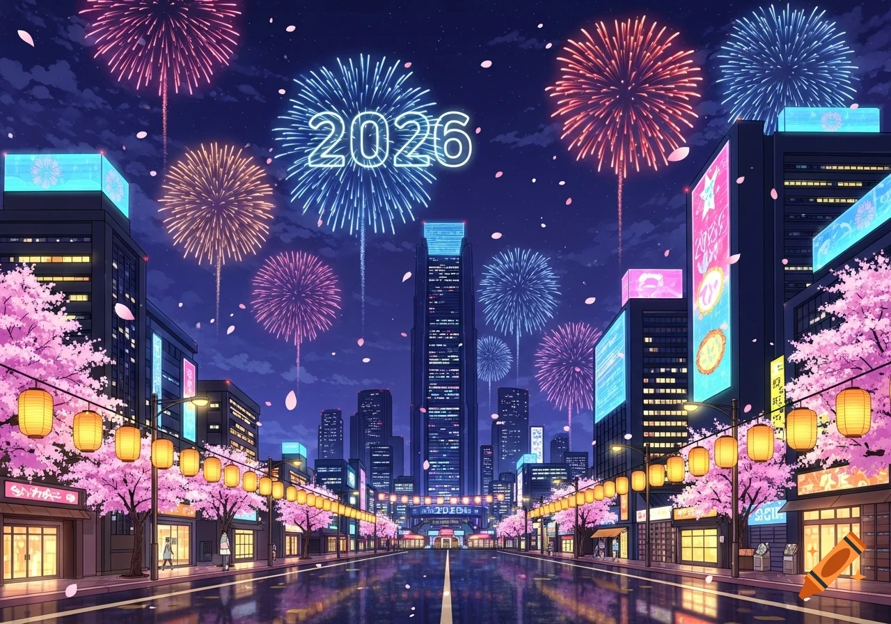 Anime night cityscape with cherry blossoms, lanterns, and colorful fireworks forming '2026' above tall buildings.