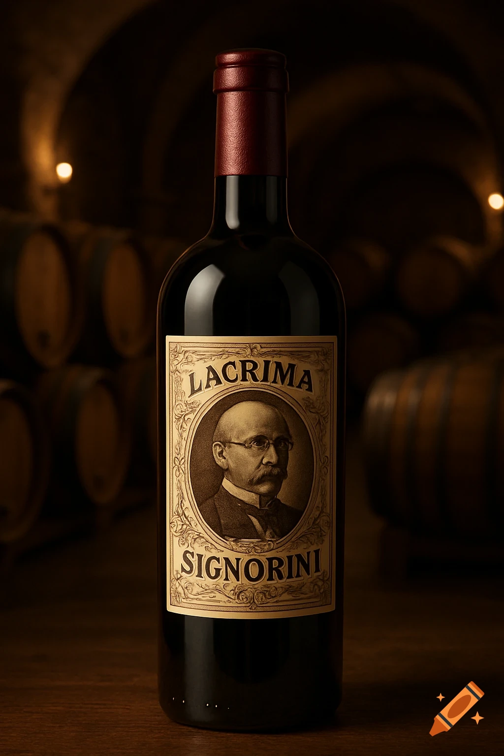 Dark red wine bottle with a vintage label featuring a man's portrait, set in a dimly lit wine cellar.