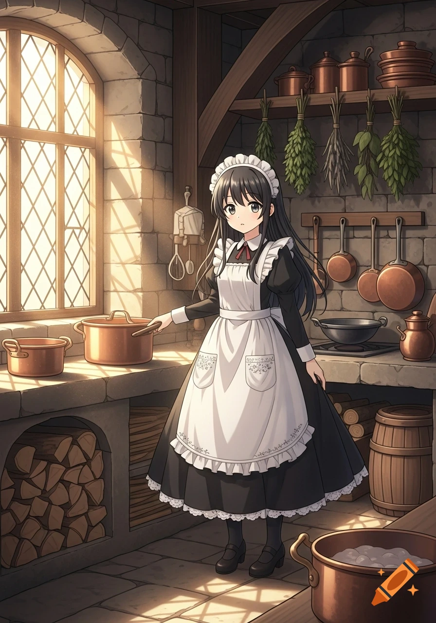 An anime scullery maid in a black and white dress stands in a rustic stone kitchen with sunlight, holding a stirrer in a copper pot.