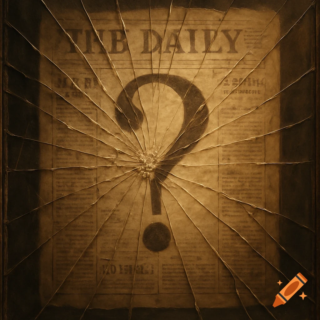 A sepia-toned antique newspaper with a large question mark visible through cracked glass, radiating from the center.