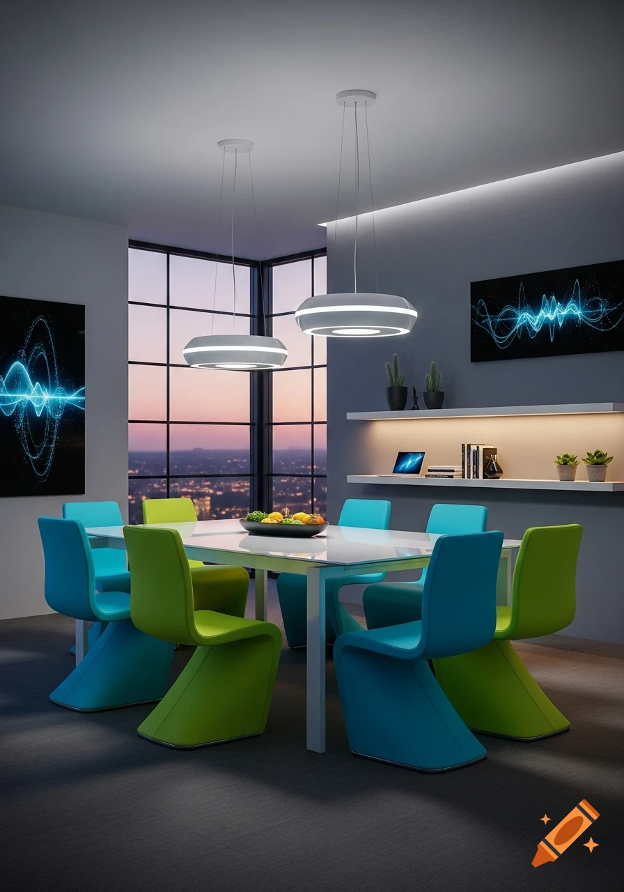 A modern dining room with a white table, vibrant blue and lime green chairs, two circular pendant lights, and large windows revealing a city skyline at dusk.