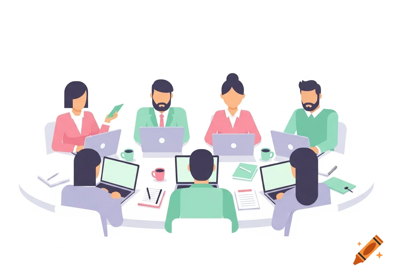 Flat illustration of a diverse team working on laptops around a white table.