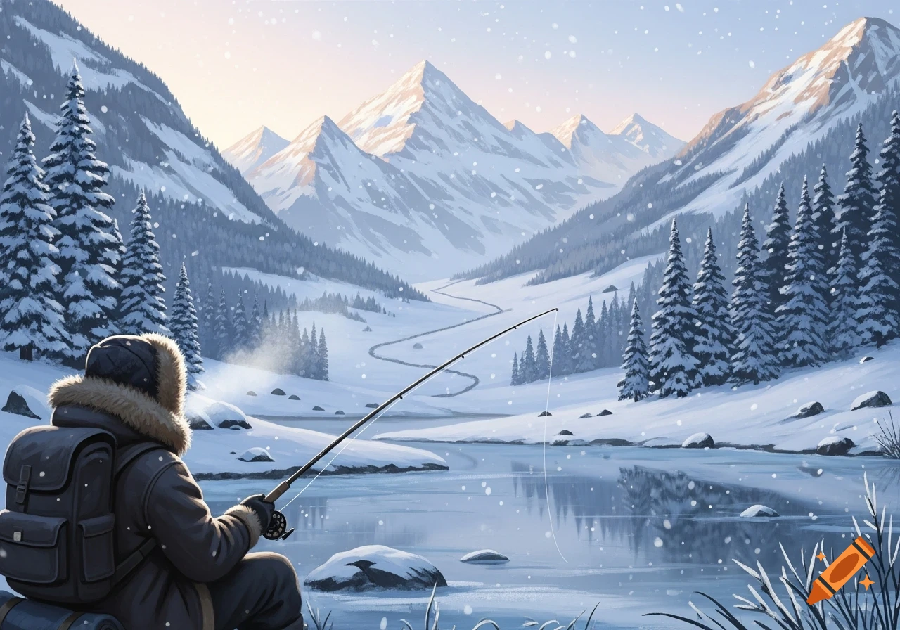 Digital painting of a person ice fishing in a snowy mountain valley with pine trees and a partially frozen lake, snow falling.
